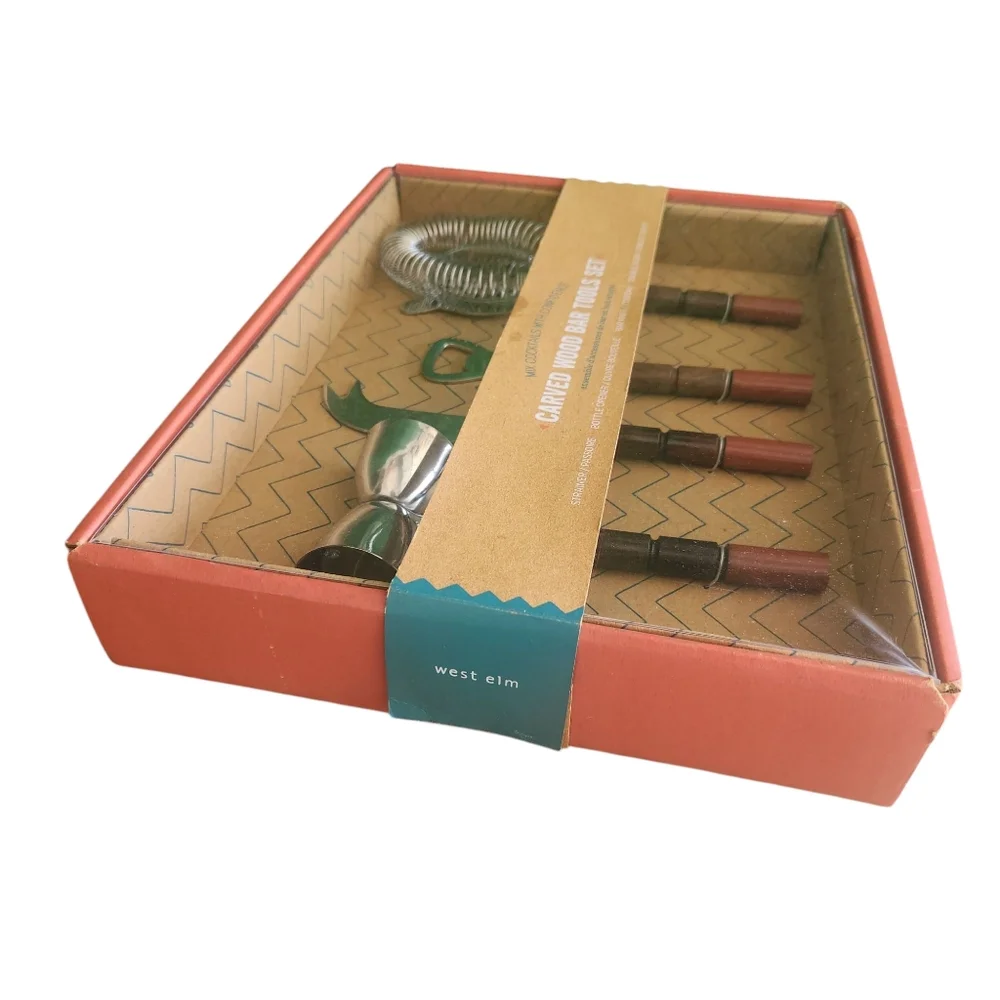 NWT West Elm 4 Piece Carved Wood Bar Ware Cocktail Bartender Tools